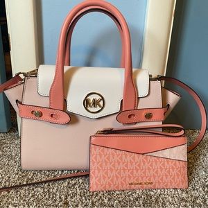 Michael Kors Carmen Med Color-Block Faux Saffiano Leather Belted Satchel/wallet